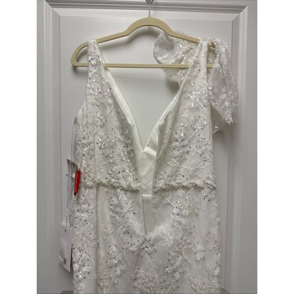 MAC DUGGAL Size 12 White Floral Embellished V-Neck Cocktail MIDI Dress Wedding - Picture 10 of 11